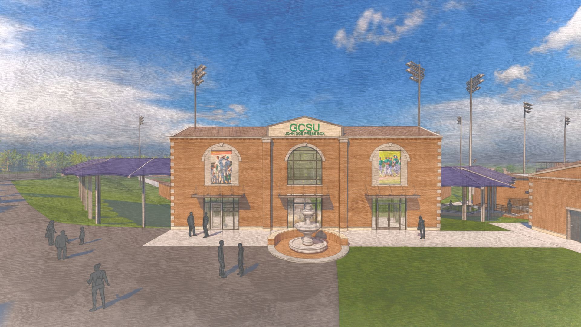 Rendering of a brick baseball stadium with purple canopies, overhead lights, and a central entrance, people walking.