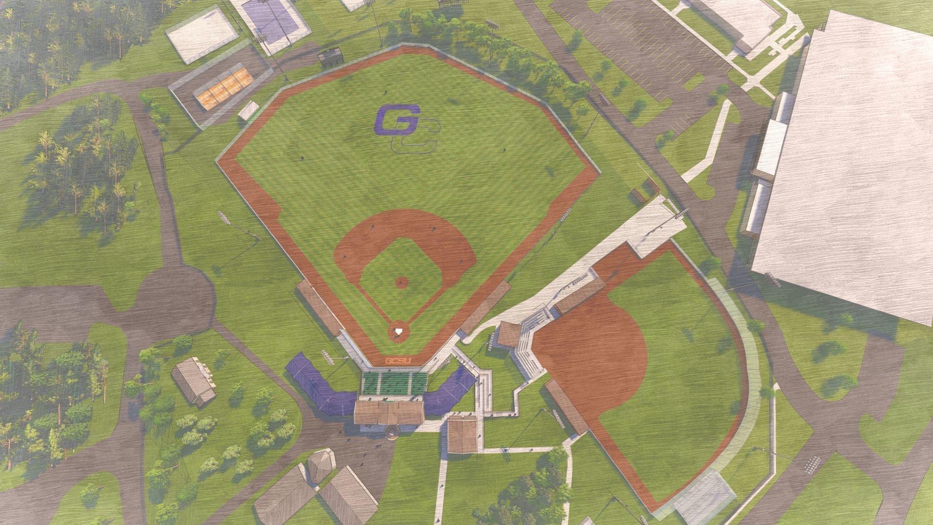Overhead view of a baseball field with a large