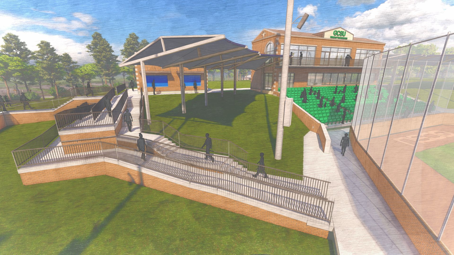 Rendering of a park with stairs, an outdoor stage, and a building; green grass and trees are visible.
