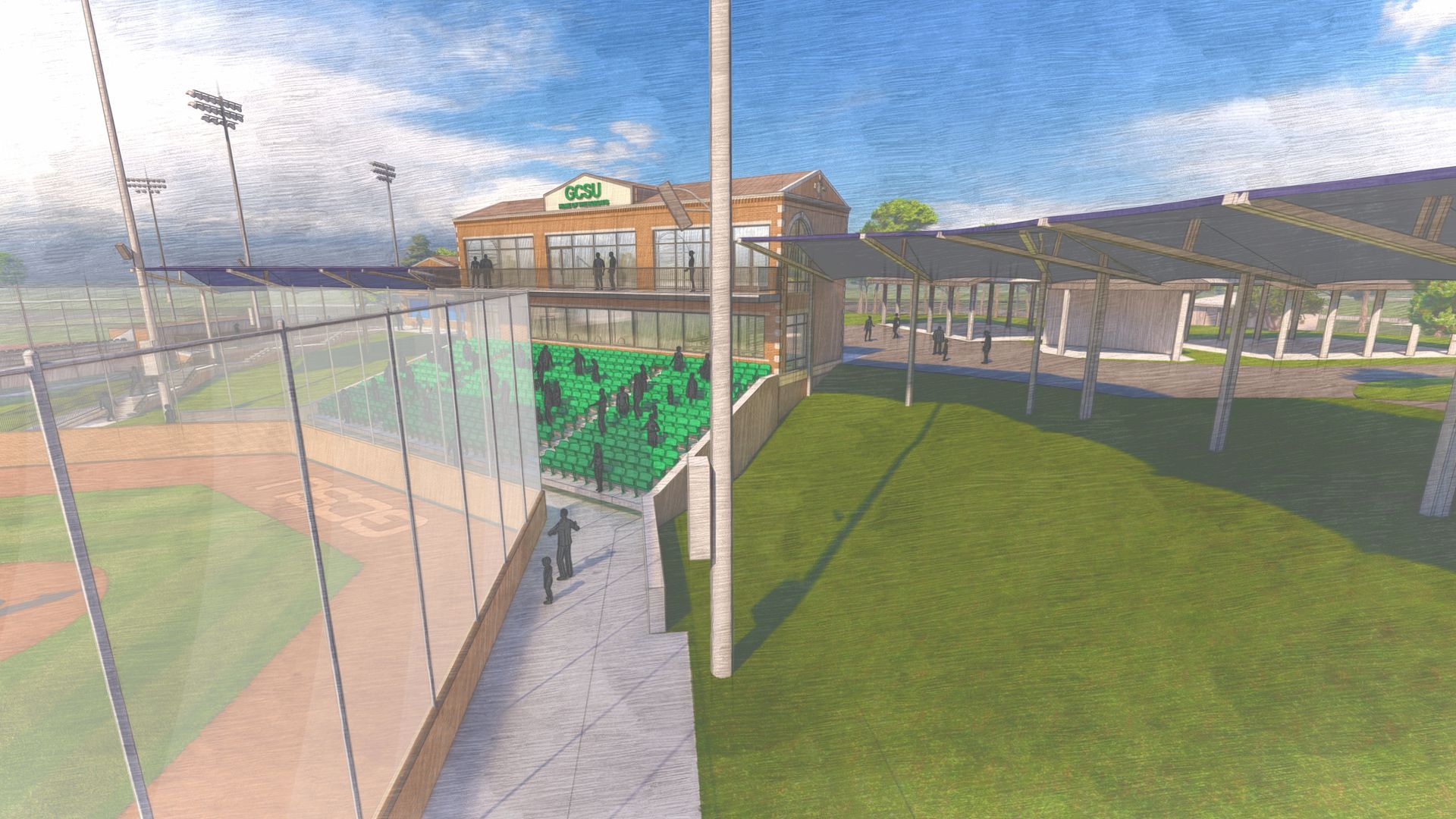 Baseball field design: fence, walkway, building with green logo, covered seating, green grass.
