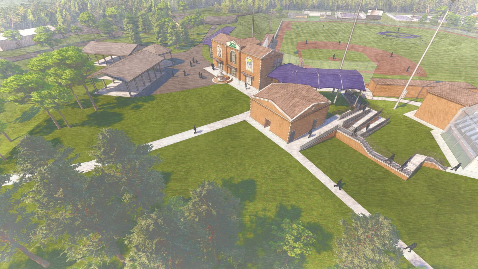 Aerial view of a complex with red-brick buildings, a baseball field, and green lawns, surrounded by trees.