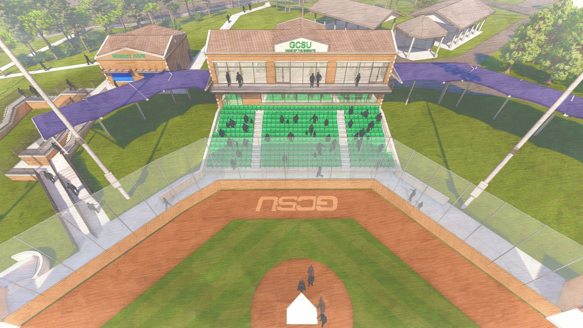 Aerial view of a baseball stadium with green seating, a brown building, and a field with