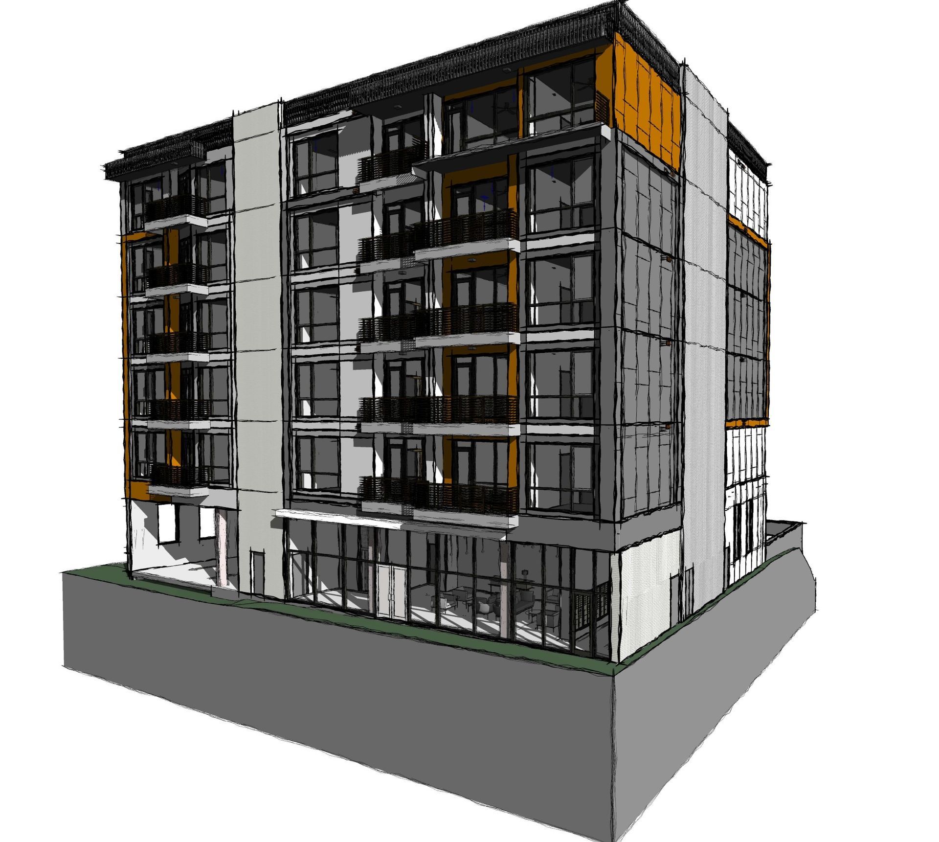 Architectural rendering of a multi-story building with balconies, glass windows, and a mix of brown and gray exterior walls.