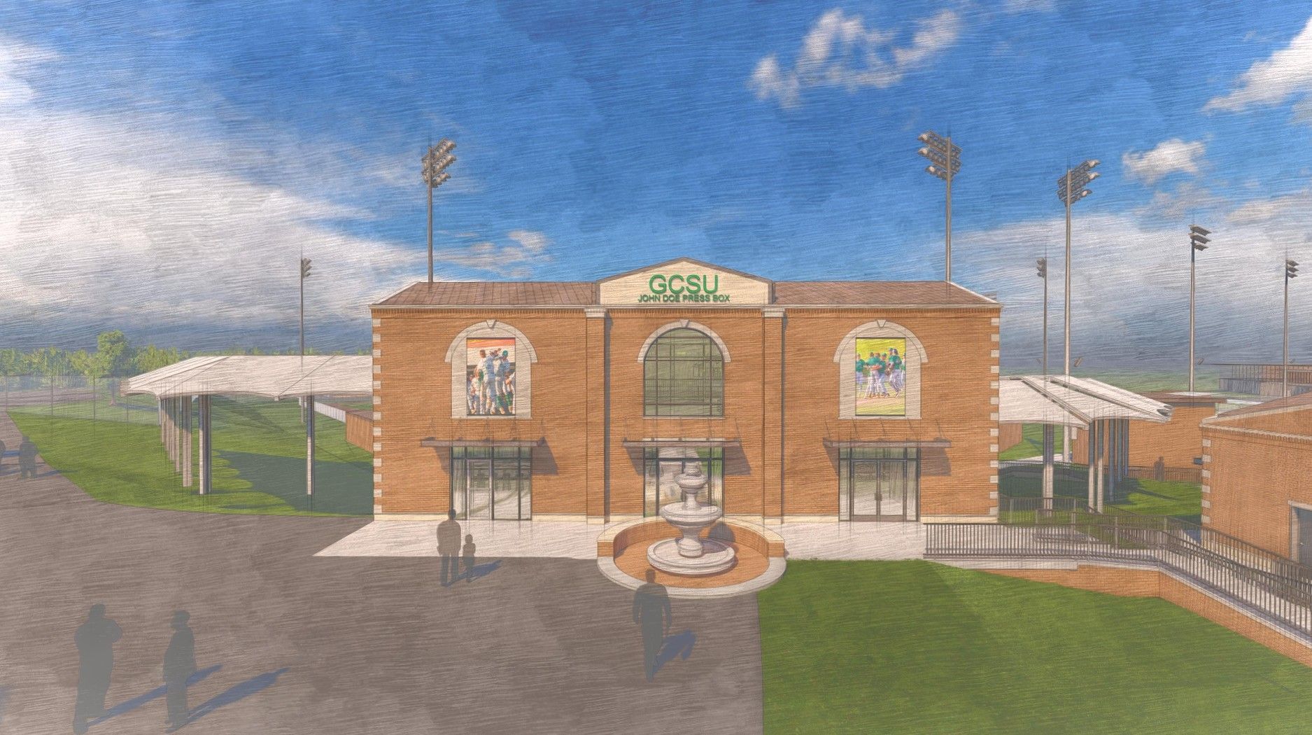 Rendering of a brick stadium with a green sign and light poles. Open doorways and concrete paths.