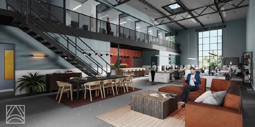Modern office interior with mezzanine, open workspace, seating area, and dining table.