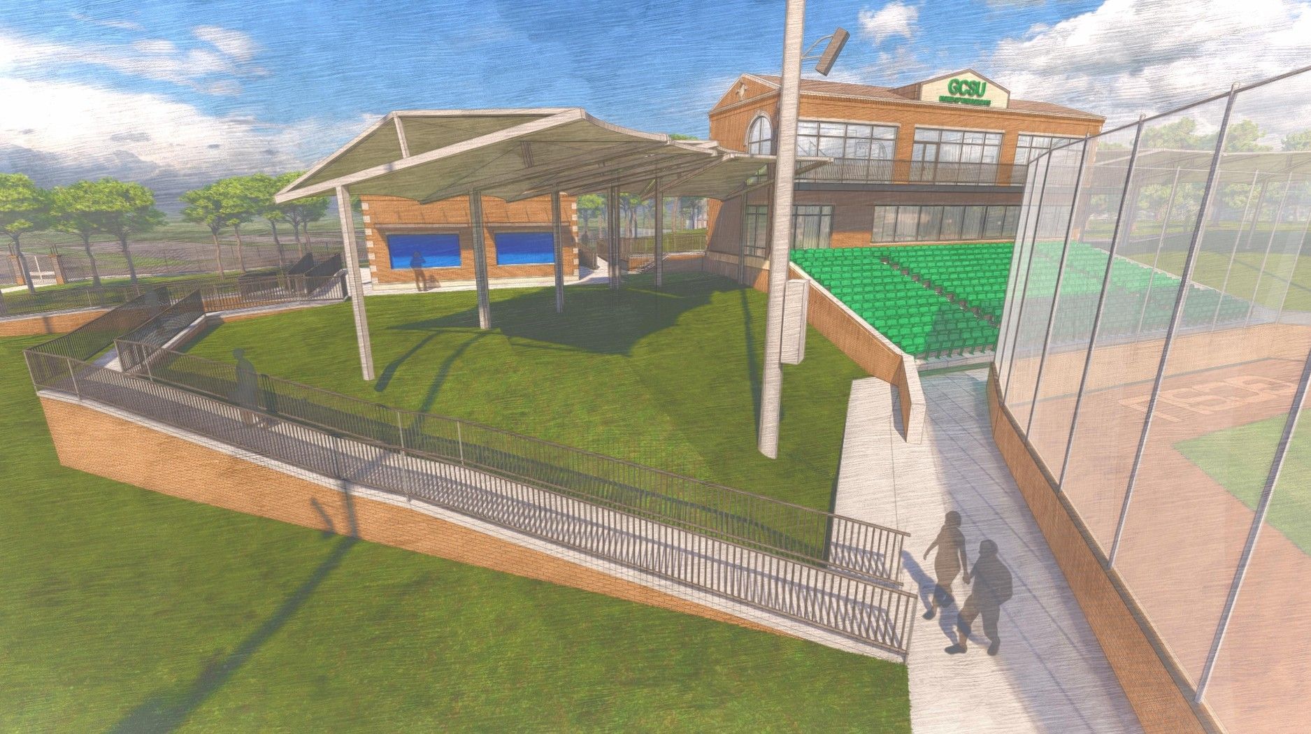 Rendering of baseball park with covered seating area and building. Staircase and walkway are visible.