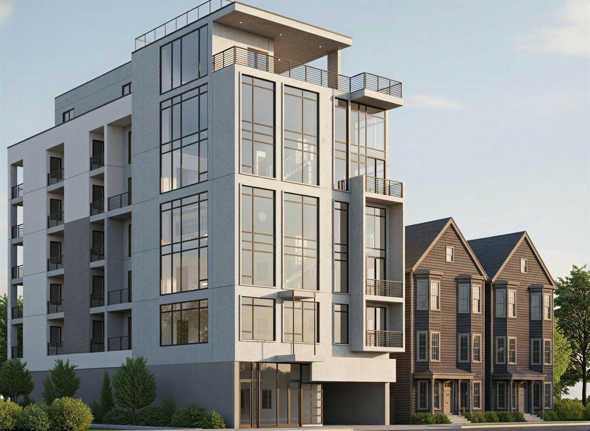 Modern multi-story building with large windows next to two townhouses.