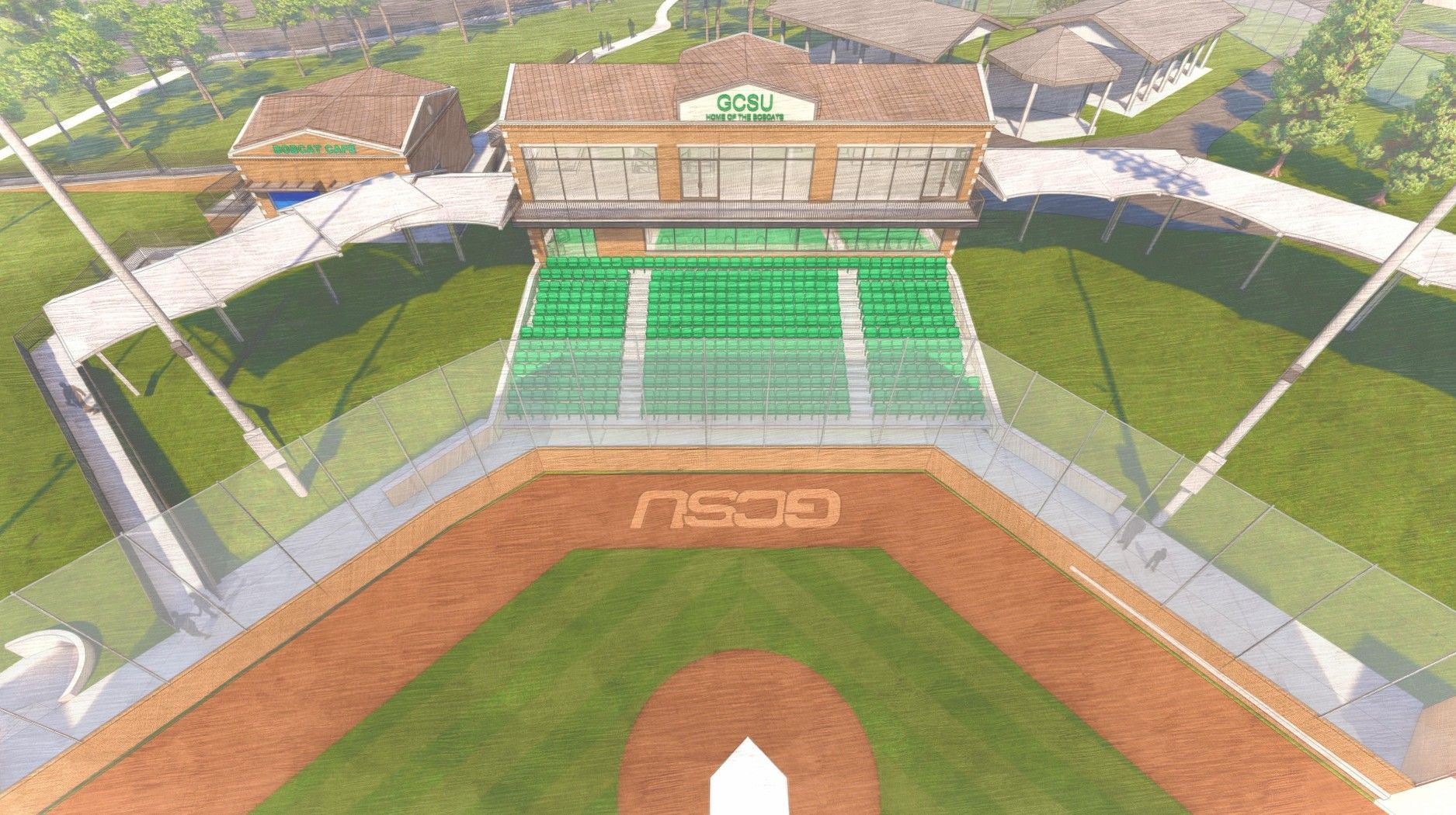 Overhead view of baseball field with green bleachers, brown dirt, and