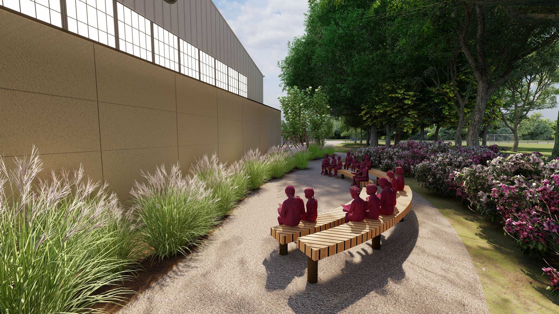A pathway with benches and seated figures, bordered by plants and a building.