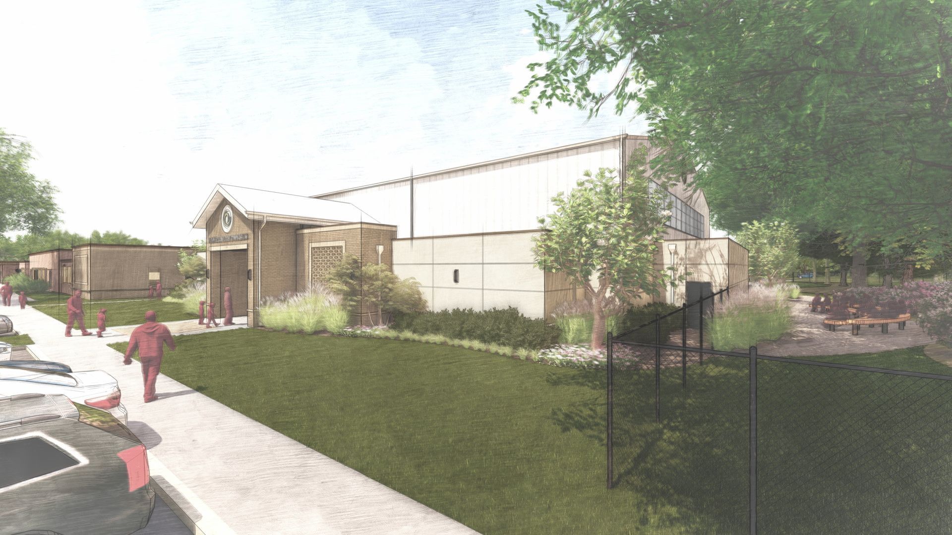 Exterior rendering of a modern building with a grassy lawn, sidewalk, and trees. People are walking on the sidewalk.
