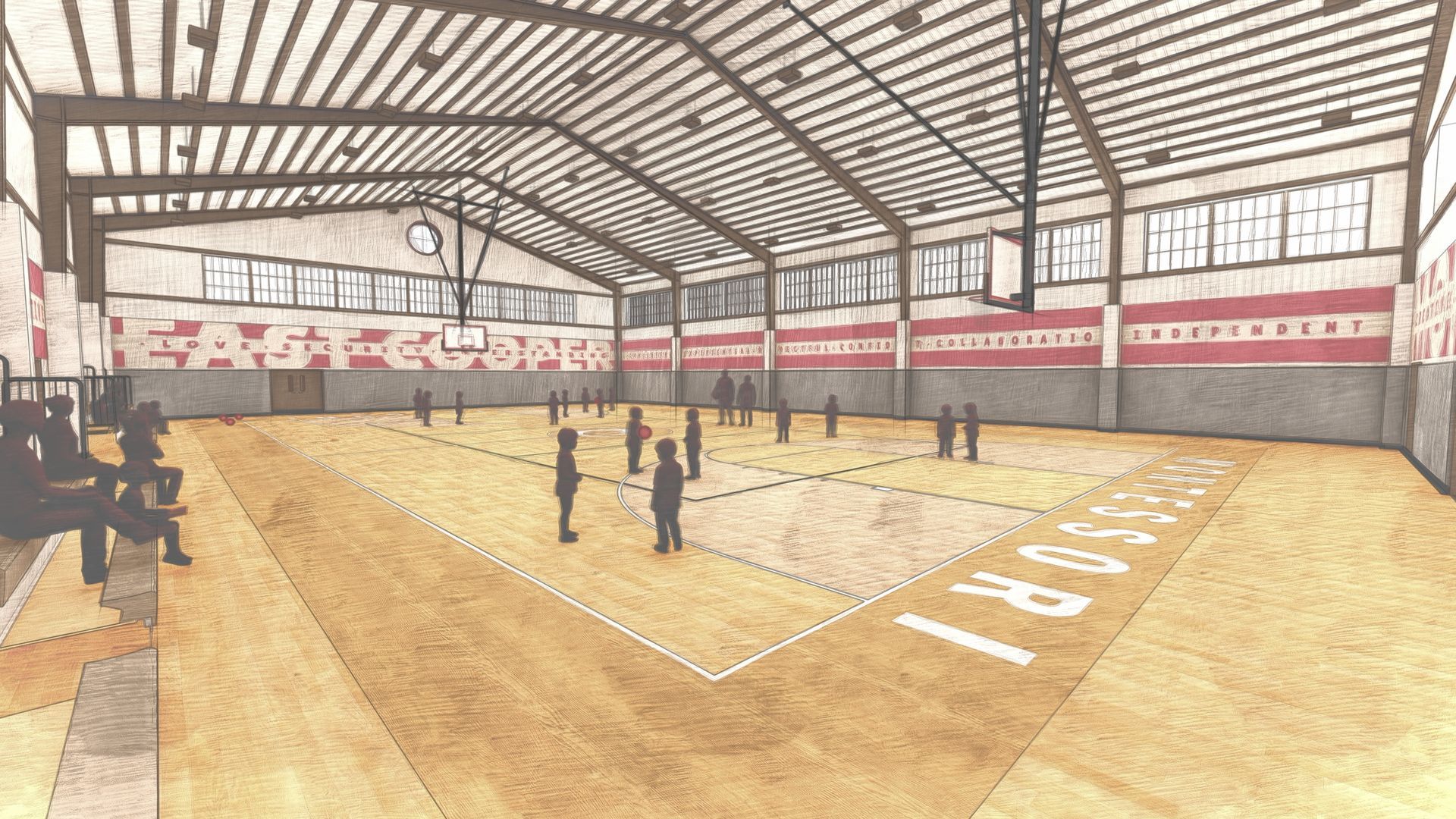 Interior view of a gymnasium with basketball court, people standing, bleachers on left. Wooden floor, red and grey walls.