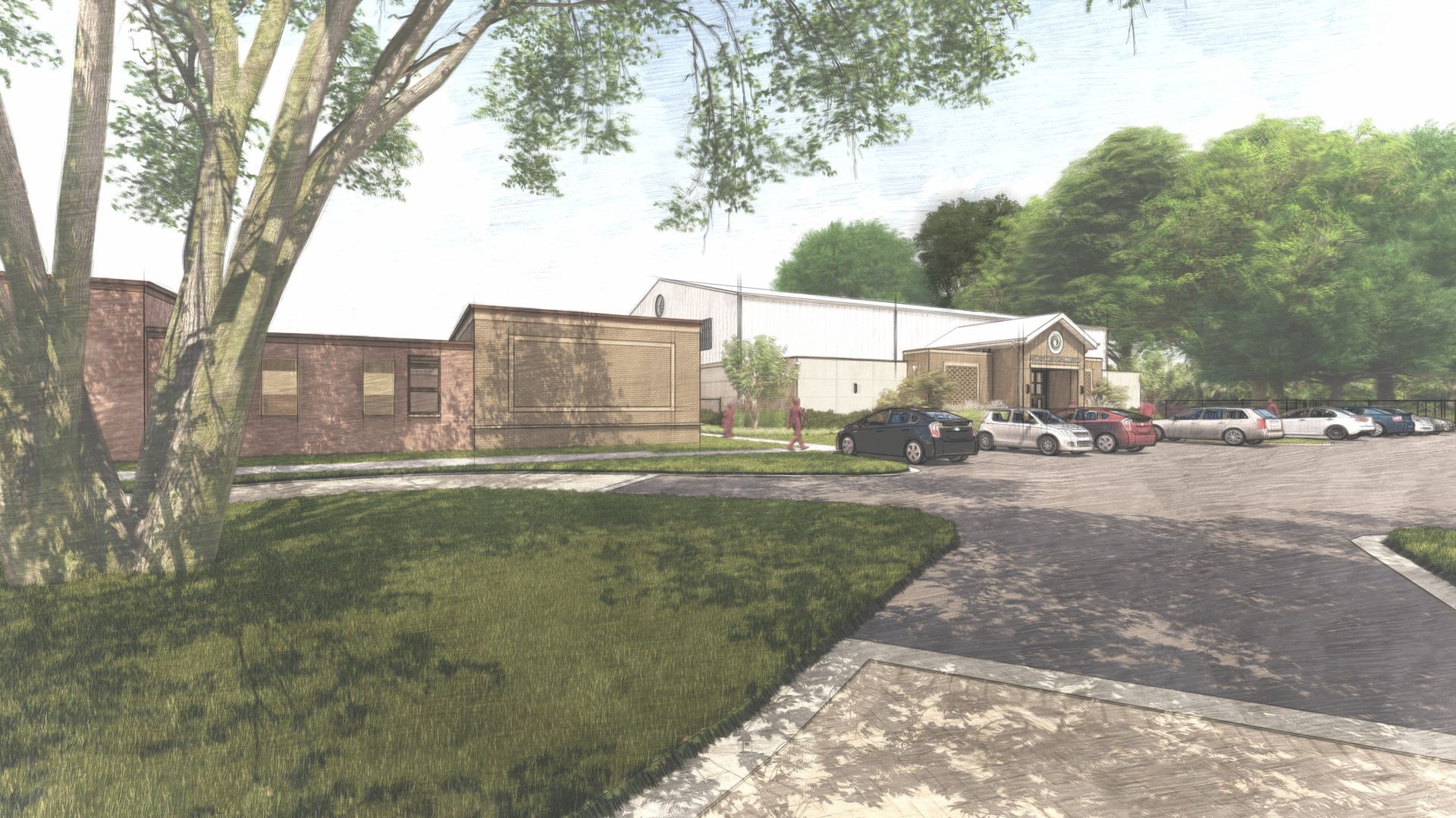 Building with parking lot, trees, and parked cars, rendering with grass in foreground.