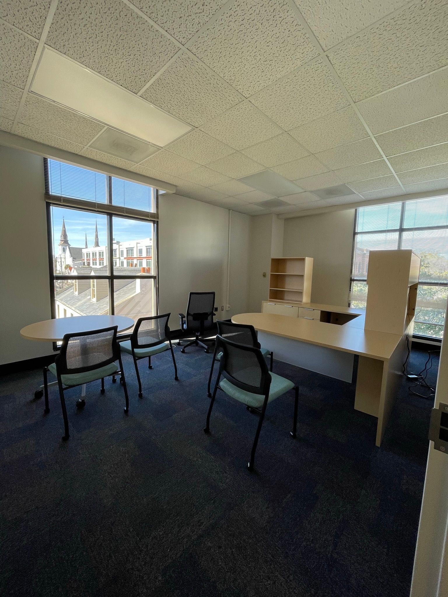 Empty office space with a conference table, chairs, and bookshelves. Blue carpet, large windows, and a drop ceiling.
