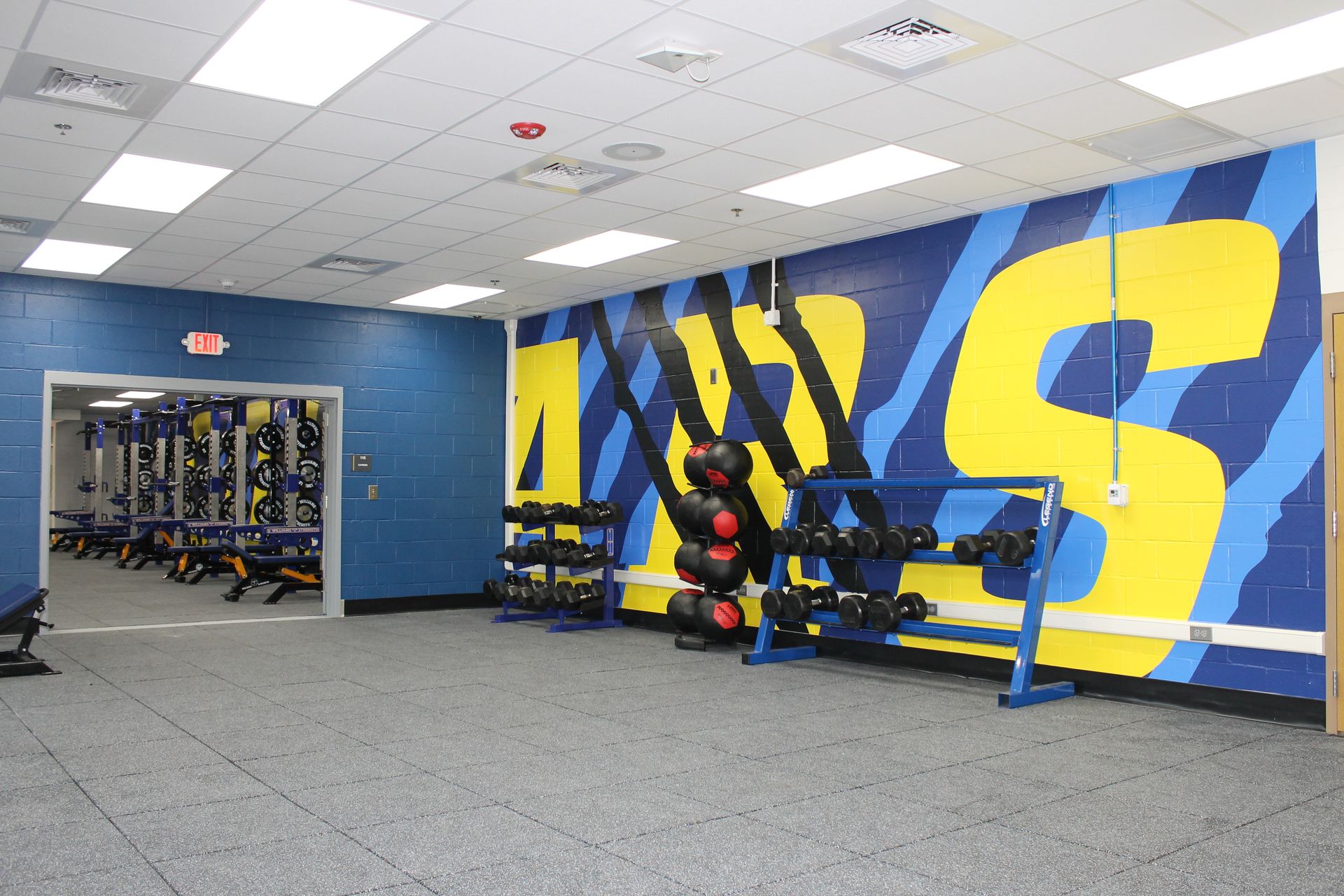 Gym interior with blue and yellow accents. Weights and equipment line the walls.