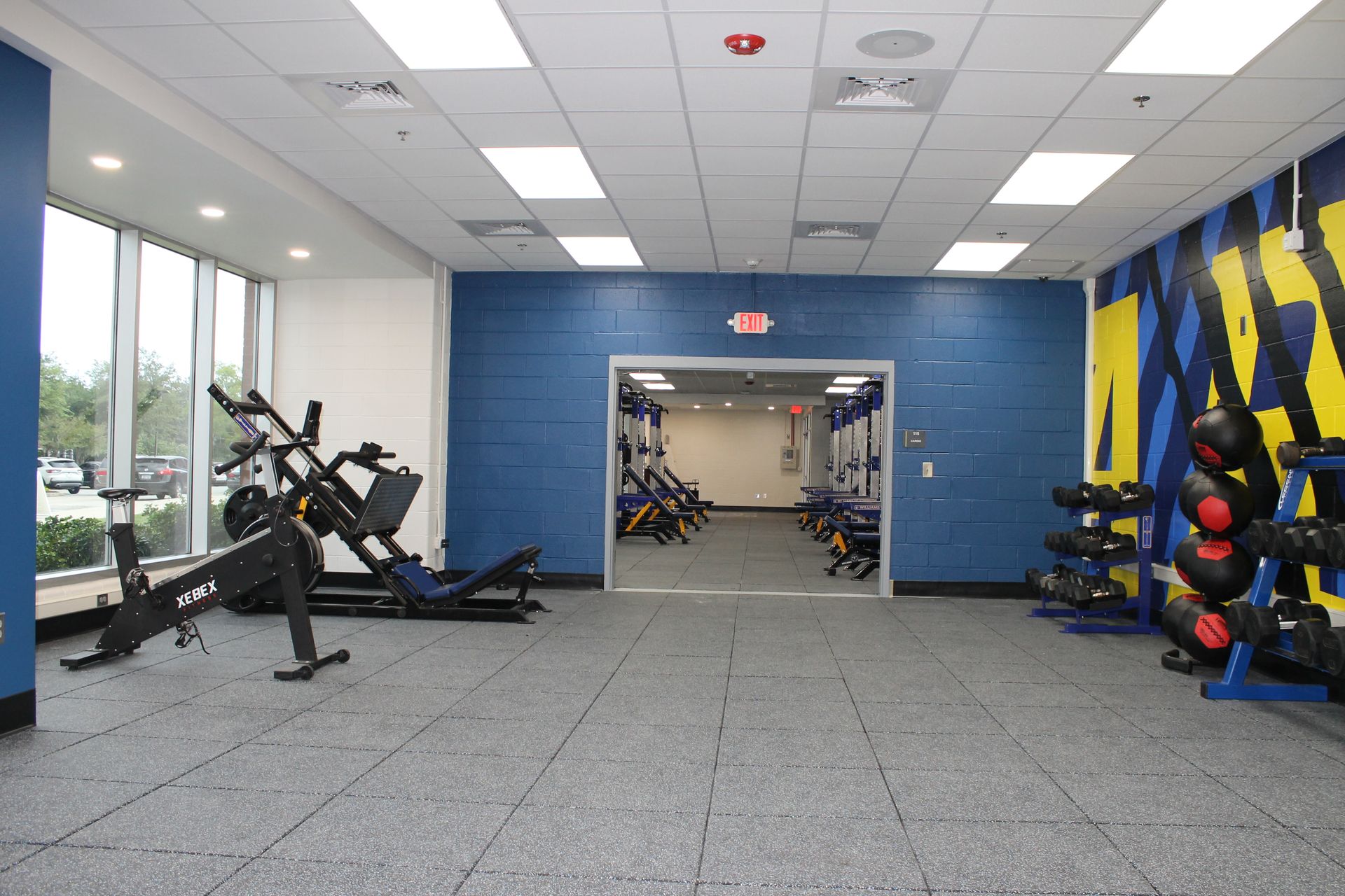 Gym with exercise equipment, blue walls, and a view into another room with weights.