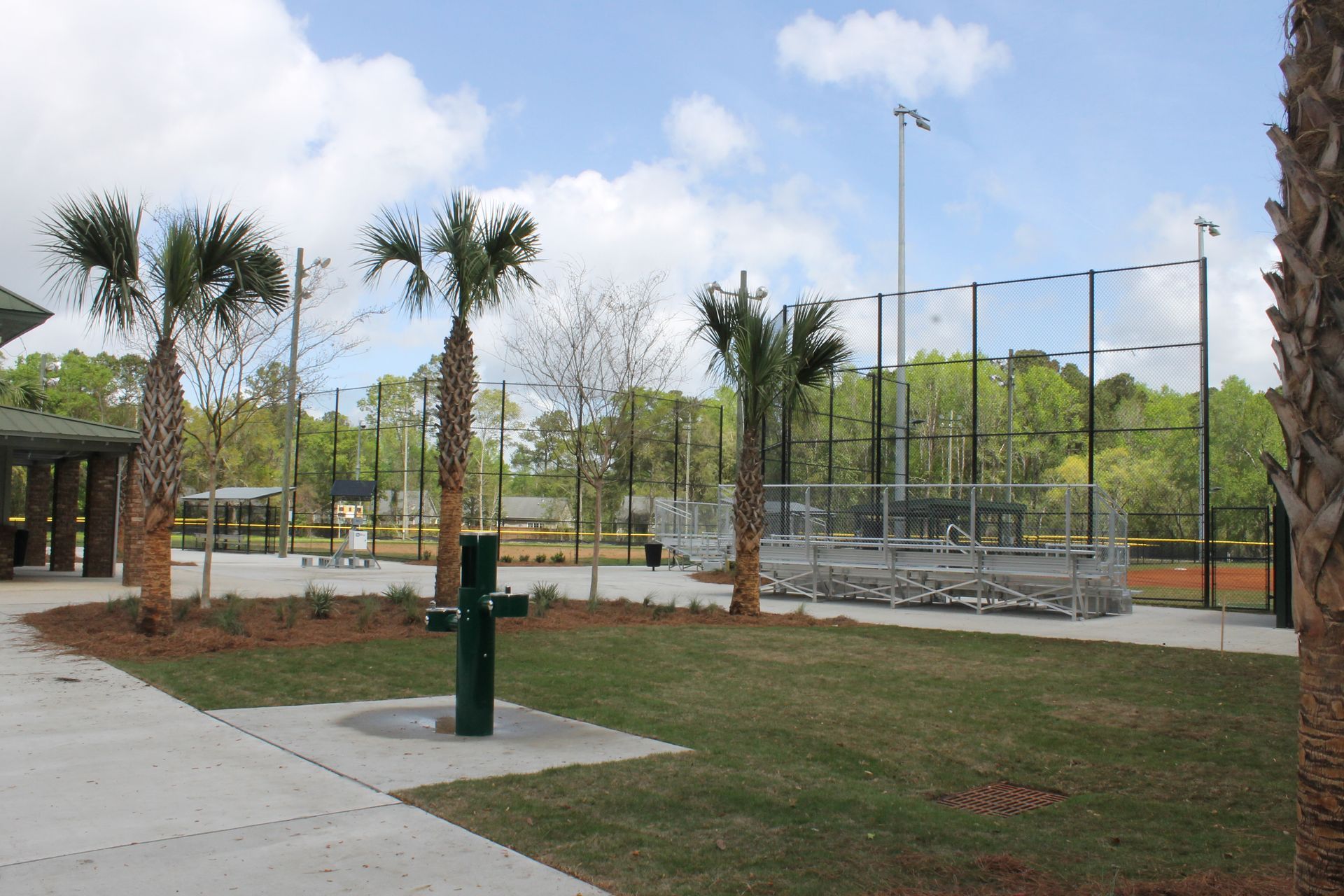 Park area with a baseball backstop, palm trees, and a water fountain.