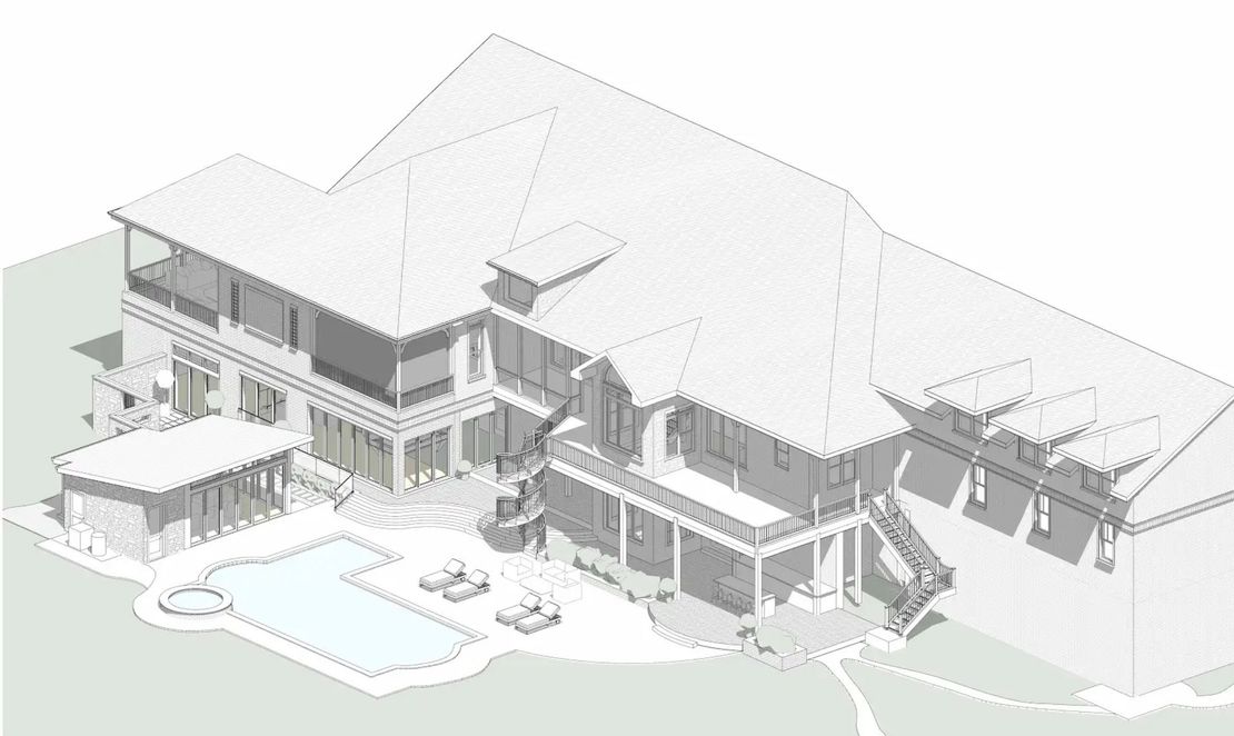 Isometric rendering of a large house with a pool and patio.