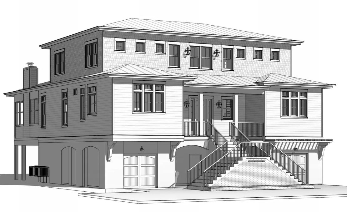 Two-story house with elevated porch and garage entrance, with a light source casting shadows, in black and white.