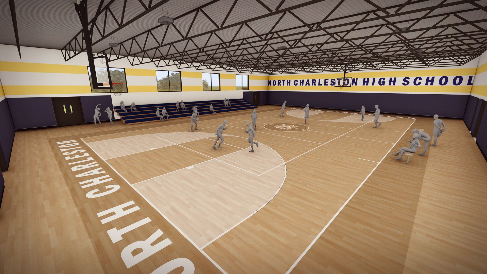 Rendering of a high school gymnasium with a basketball court. The walls have yellow and blue stripes, and people stand on the court.