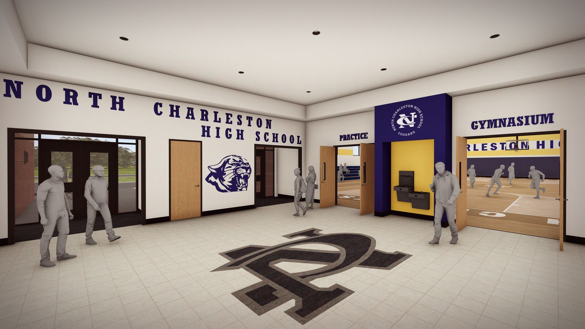 Interior rendering of North Charleston High School lobby with students and school logo.