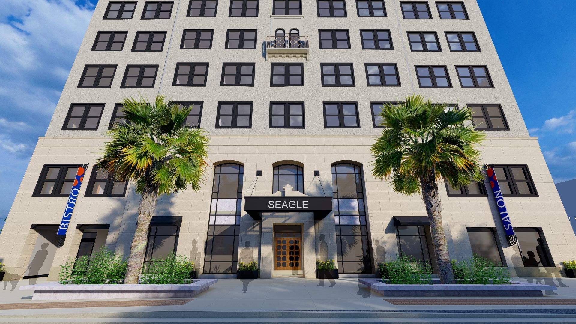 Building facade with palm trees and flags;