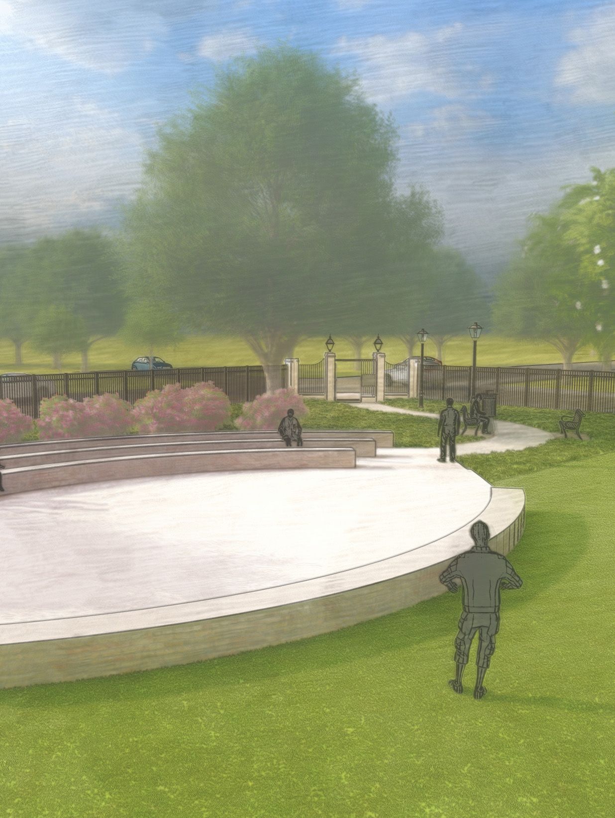 Park rendering. Curved concrete structure with people. Green grass, trees, and fence in background under blue sky.