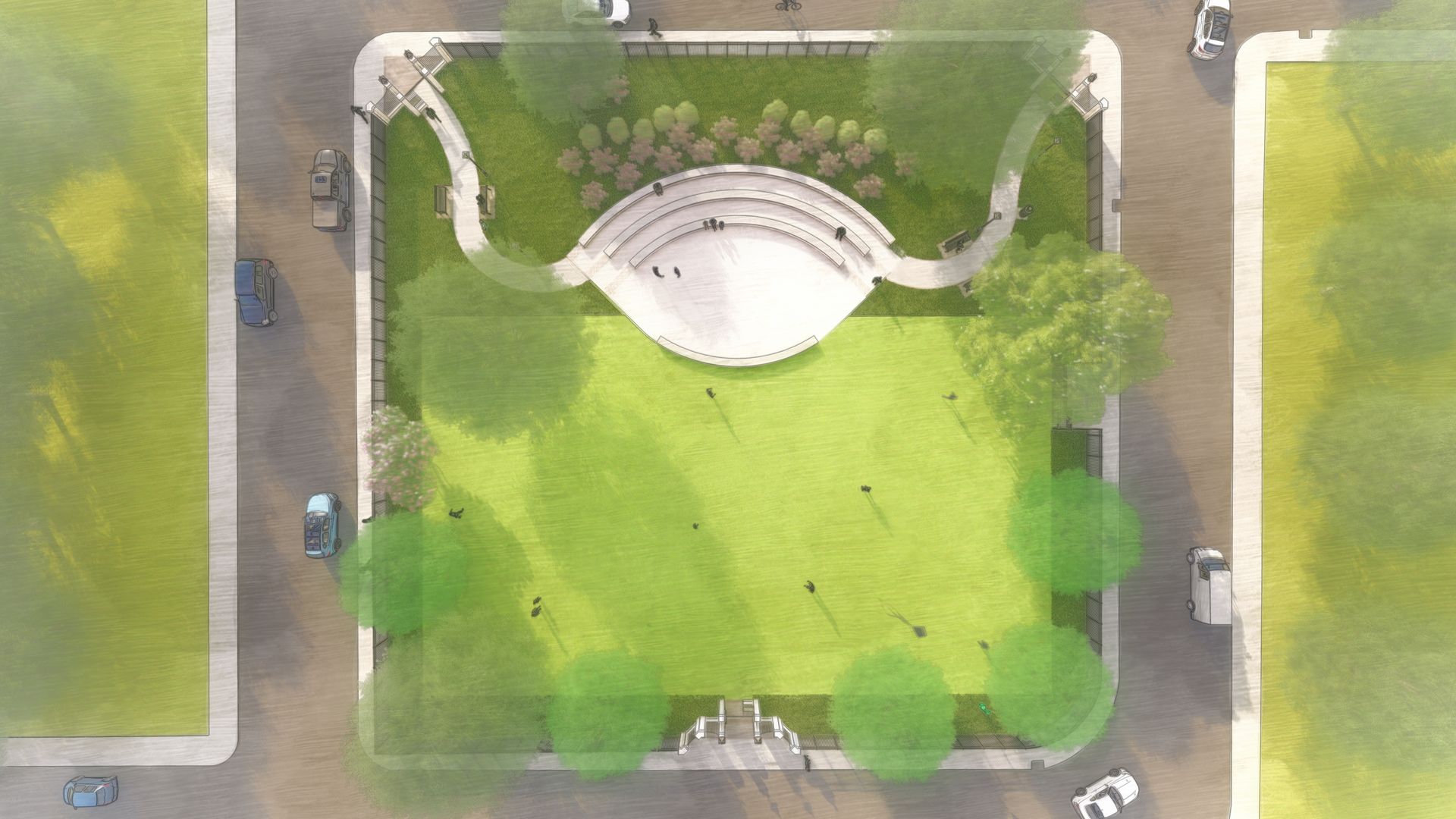 Overhead view of a park with a central stage, green lawn, trees, and walking paths surrounded by roads.