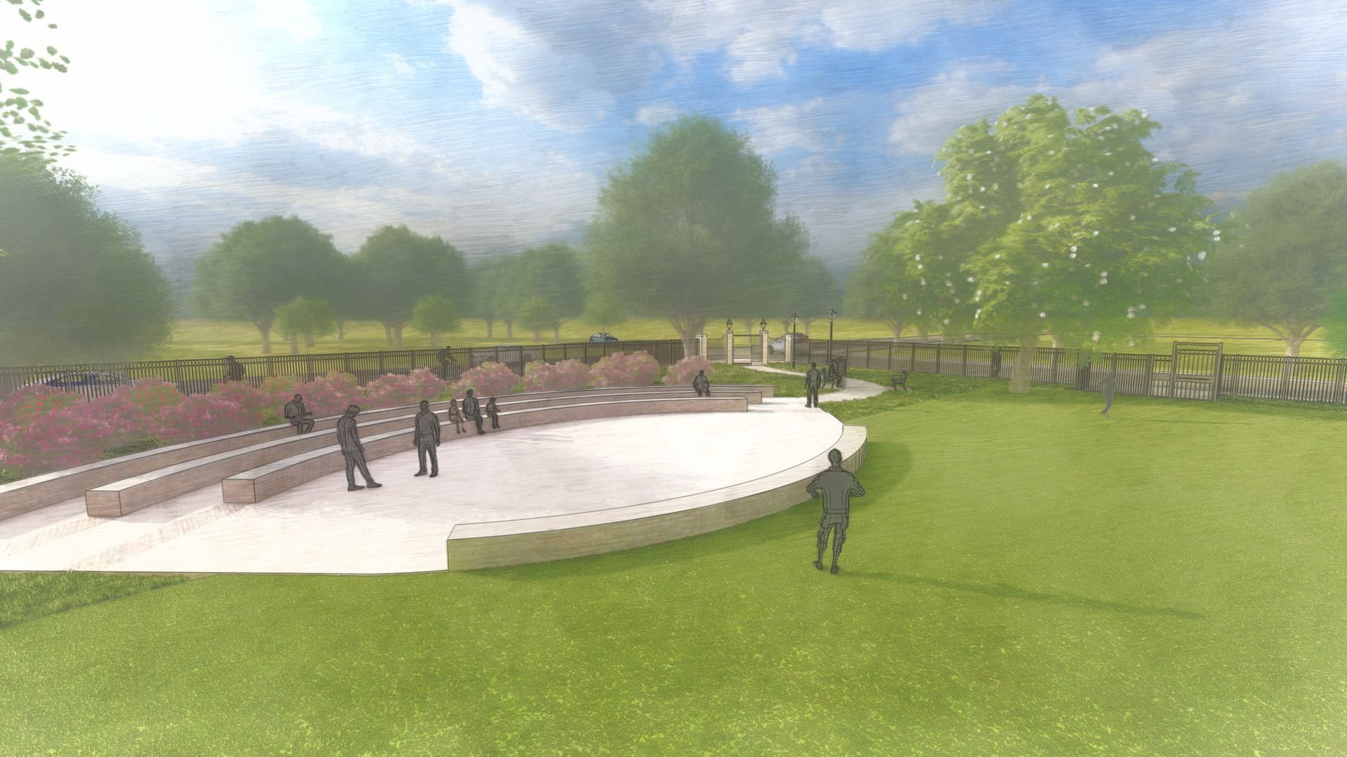 Rendering of a park with a curved seating area, trees, and people. Green grass and sky.