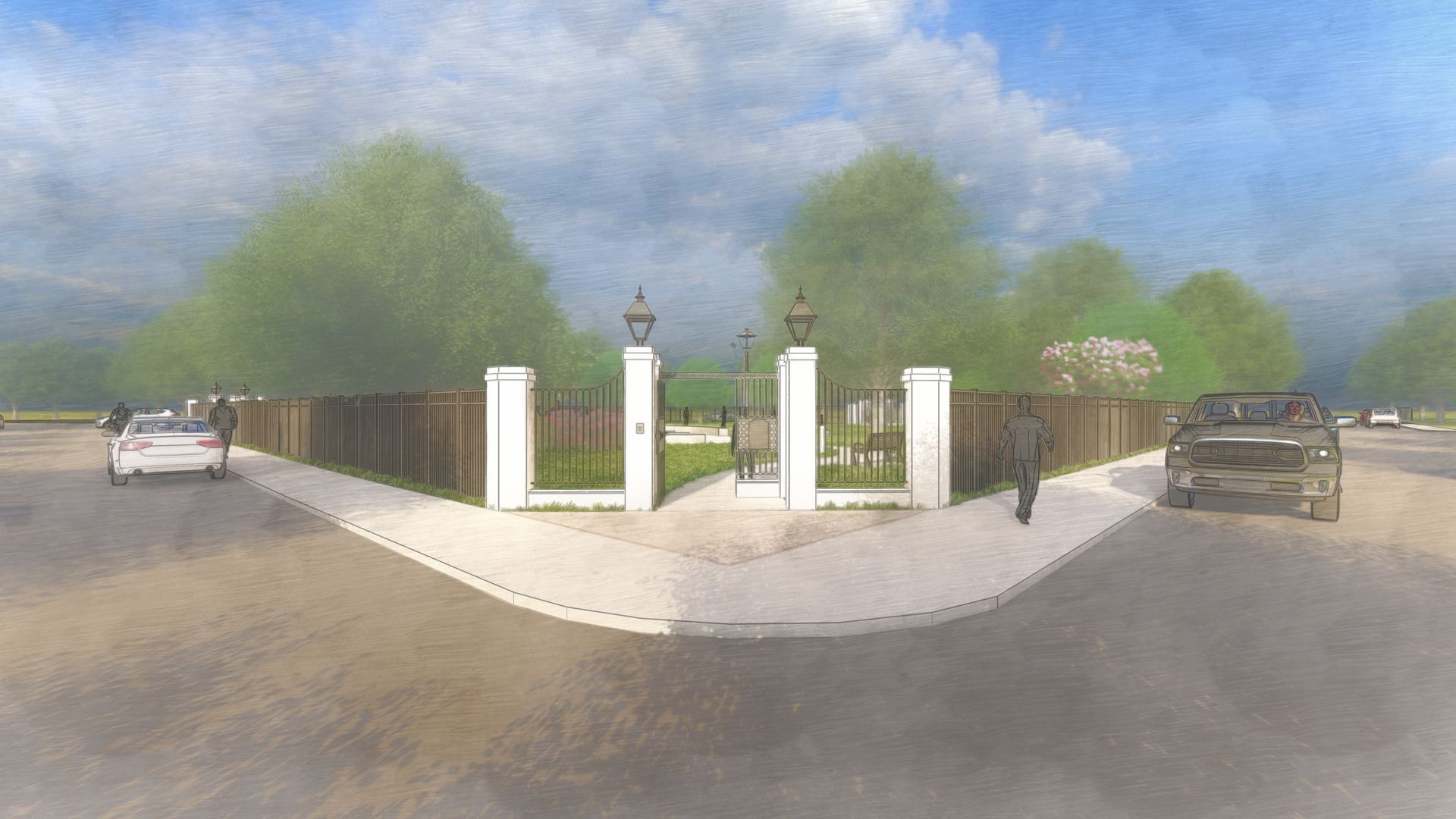 Entrance with white pillars, metal gates, and wooden fence. Cars approach from opposite directions on a paved road.