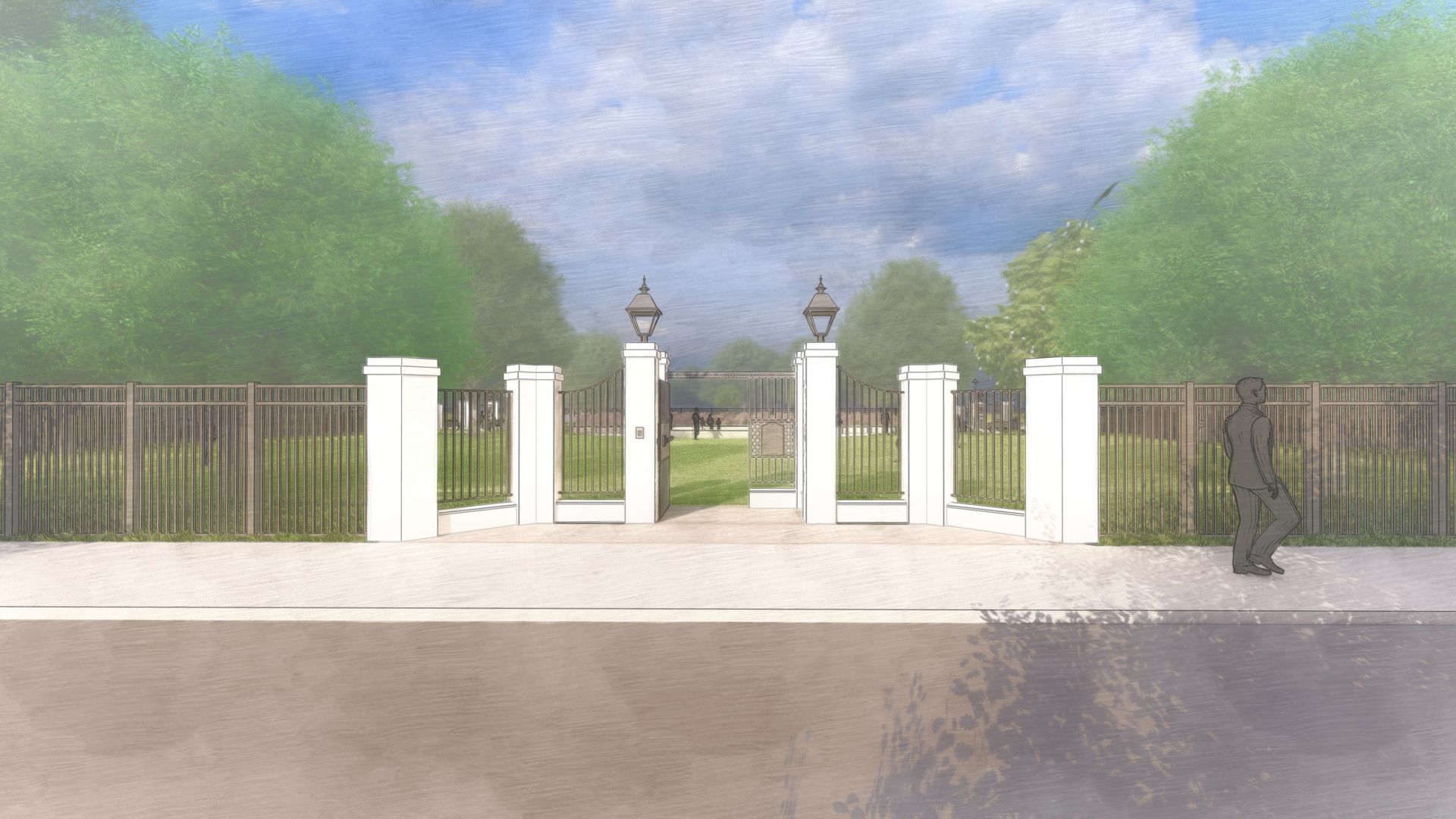 White gate entrance to a park with trees, grass, and a figure camouflaged on the right.