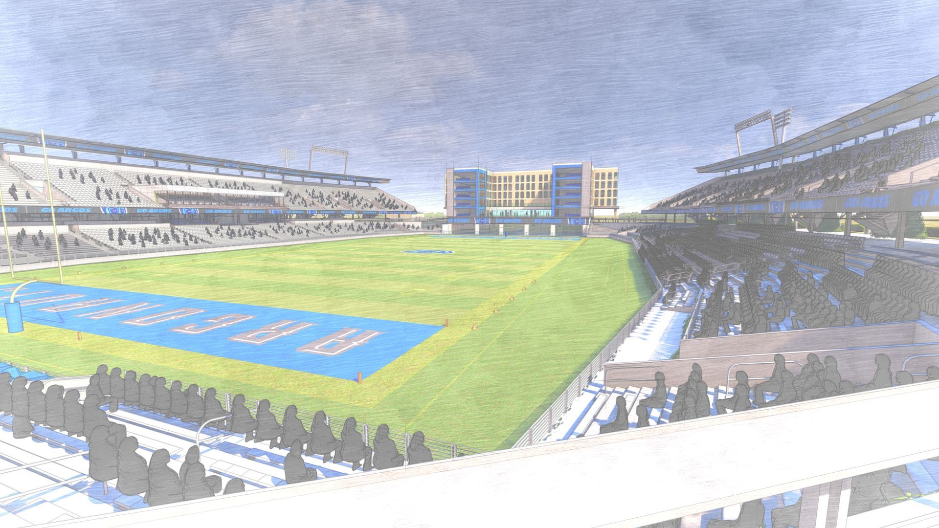 Football stadium with green field, blue end zones, and seating filled with figures.