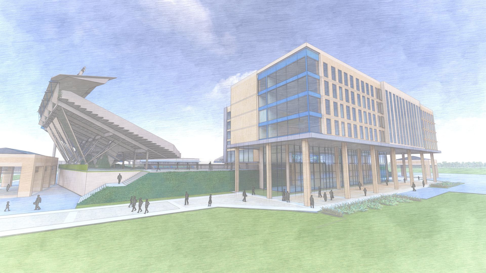 Rendering of a modern building next to a stadium. Beige building with glass windows, people walk on the sidewalk.