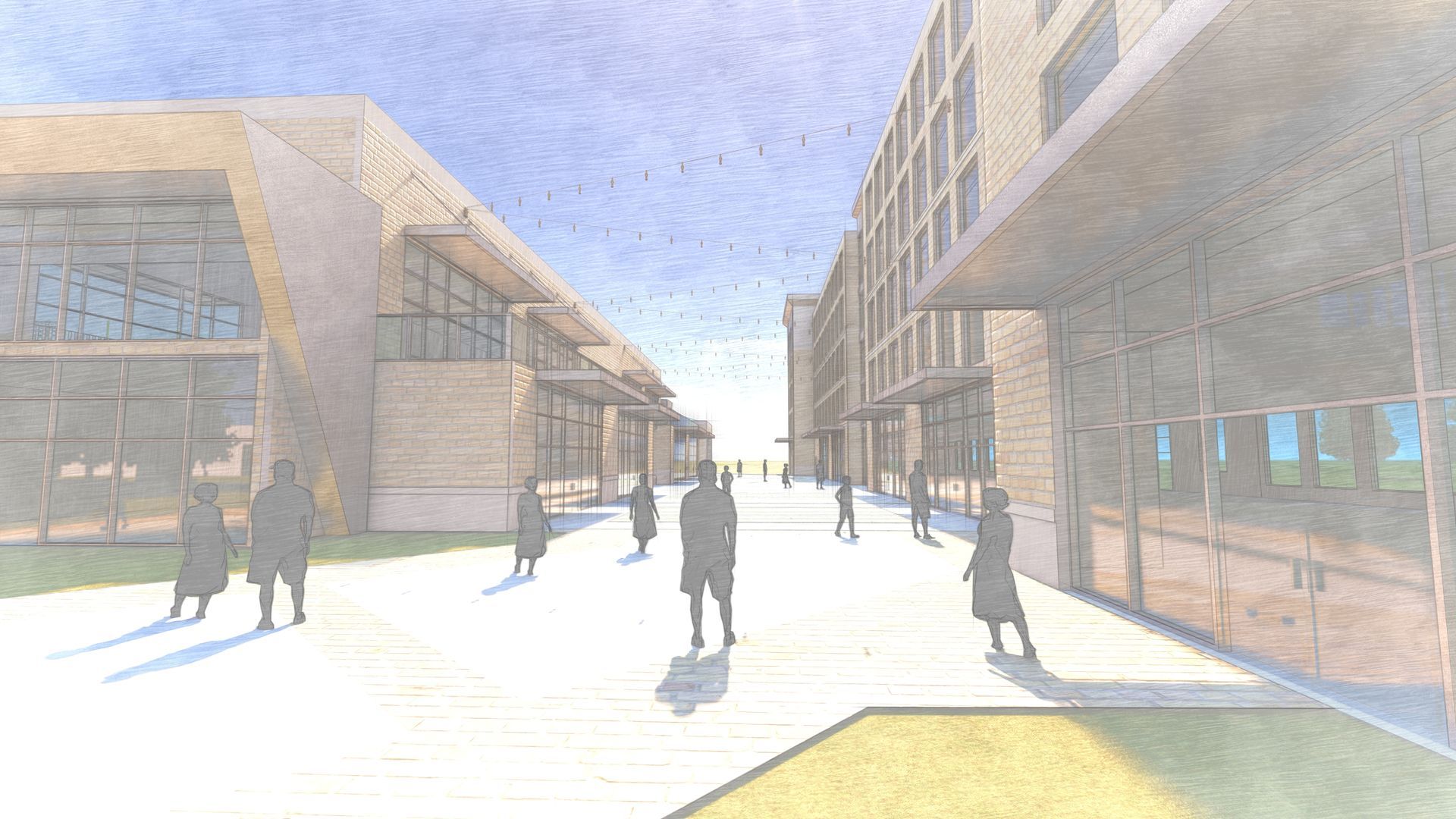 Architectural rendering of a pedestrian walkway between modern buildings with glass and concrete facades. People are walking.