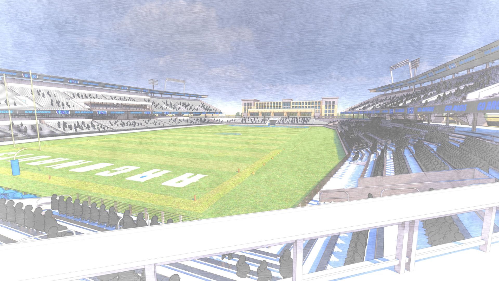 Rendering of football stadium, green field with