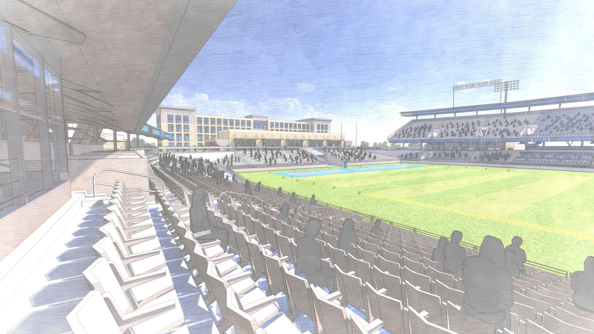 Stadium view, rows of seats, green field, building in the distance, sunny day.