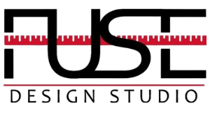 Fuse Design Studio logo with black text, a red ruler, and a dark red bar.