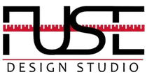 Fuse Design Studio logo with black text, a red ruler, and a dark red bar.
