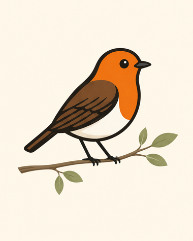 Orange-breasted robin perched on a branch with green leaves