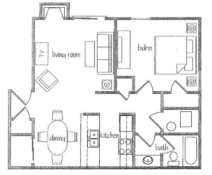 Floor Plan: 1 Bed · 1 Bath · 696 SQ. FT.