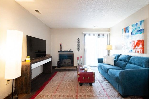 Living room with blue couch, fireplace, TV, and patterned rug.