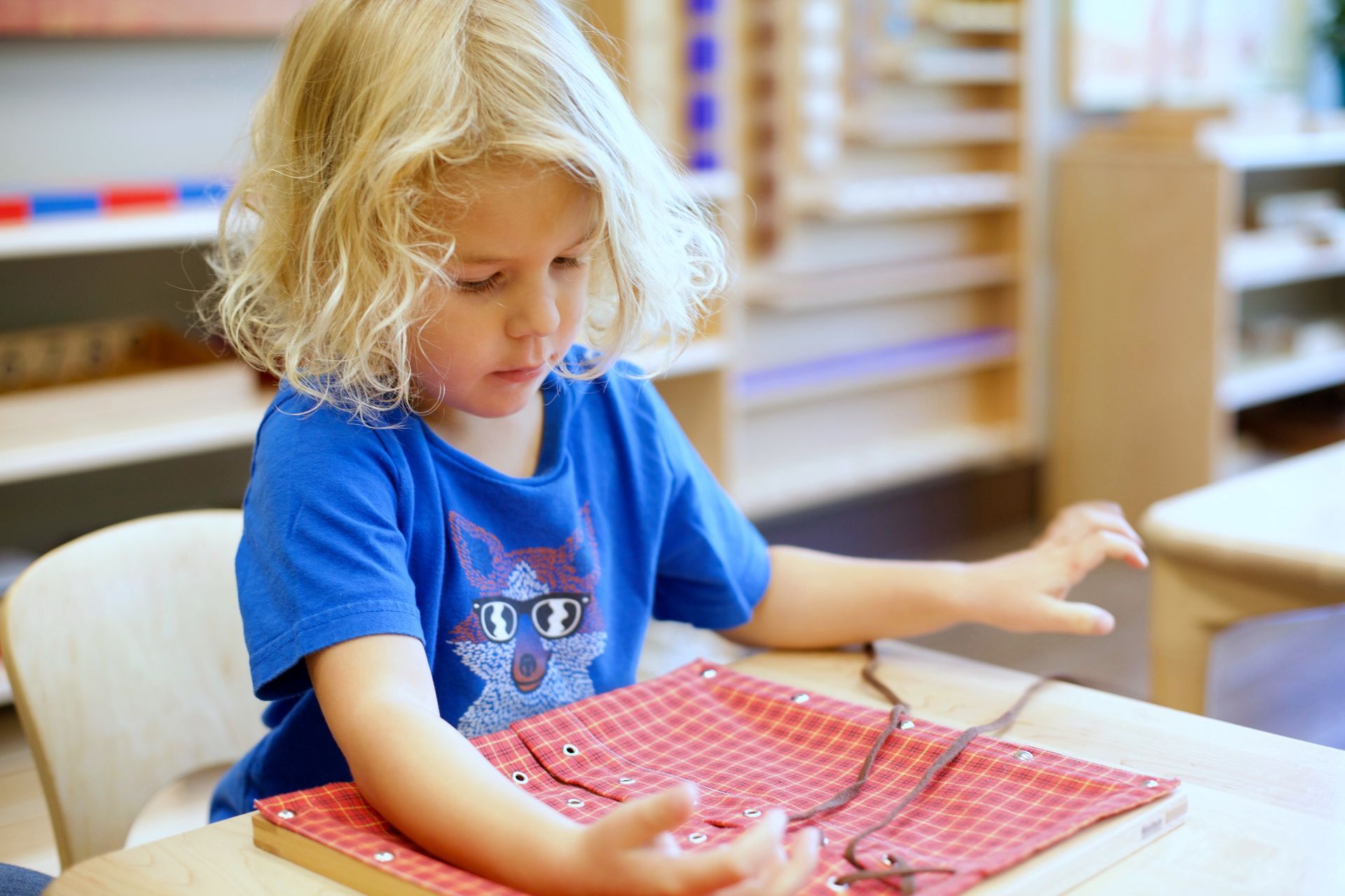Child working with a Montessori dressing frame