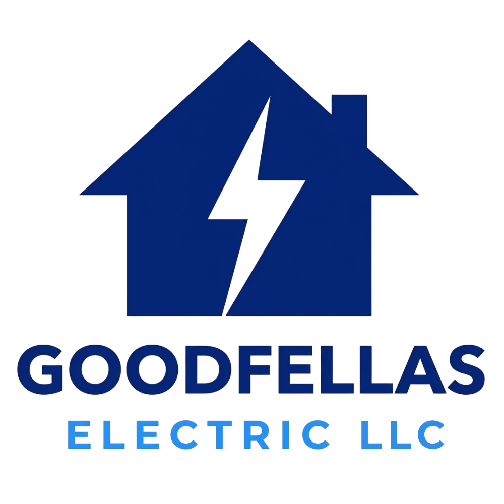 Blue Goodfellas Electric Co logo with house and lightning bolt icon