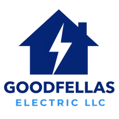 Blue Goodfellas Electric Co logo with house and lightning bolt icon