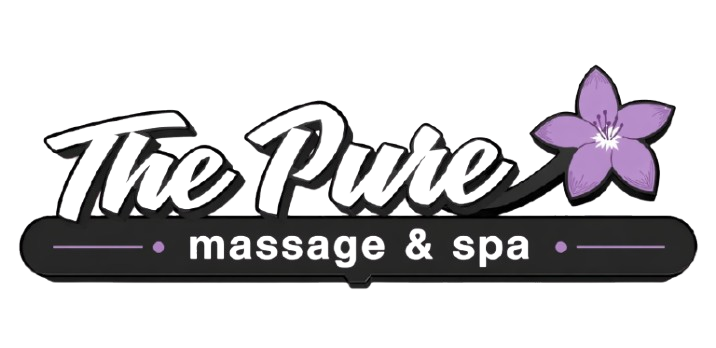 The Pure massage & spa logo with white script text and a purple flower