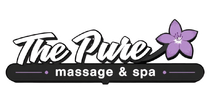 The Pure massage & spa logo with white script text and a purple flower
