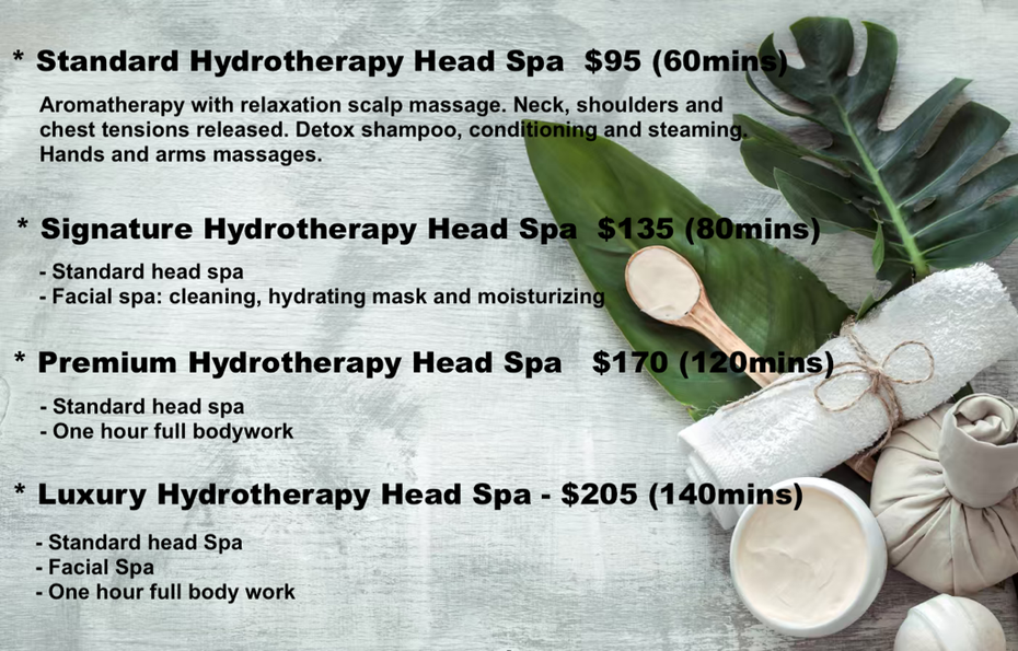 Spa menu for head spa treatments with prices and durations on a soft gray background, with stones and a bowl
