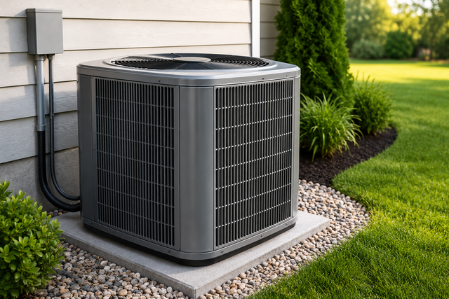 Outdoor central air conditioning unit beside a house, surrounded by gravel and green lawn.