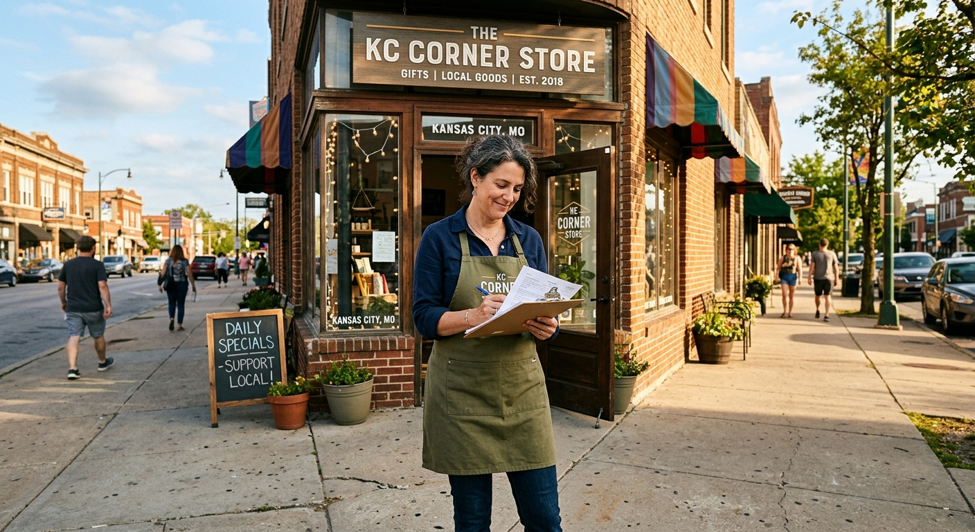 Small business owner reviewing insurance documents at a desk inside a Kansas City storefront