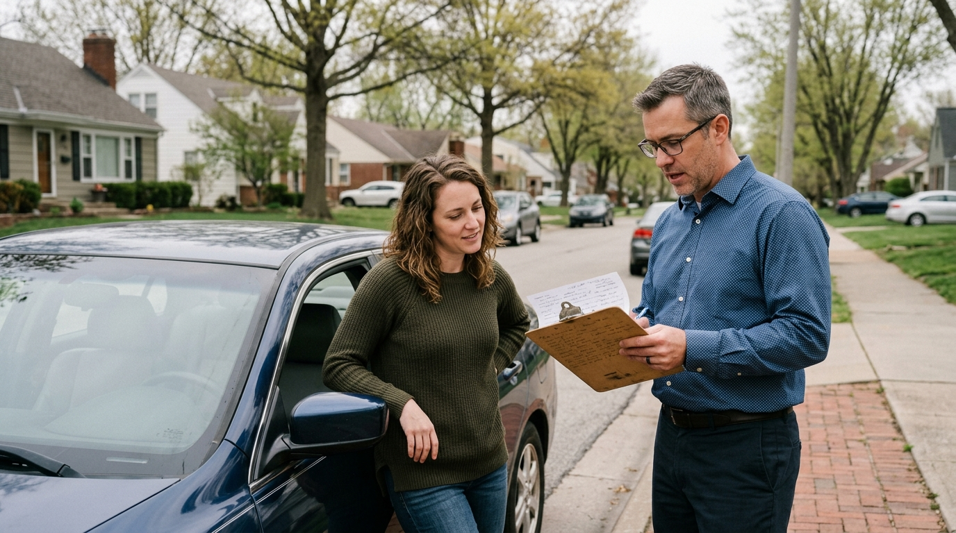 Local insurance agent reviewing auto policy documents with a Grandview Missouri driver at an office desk