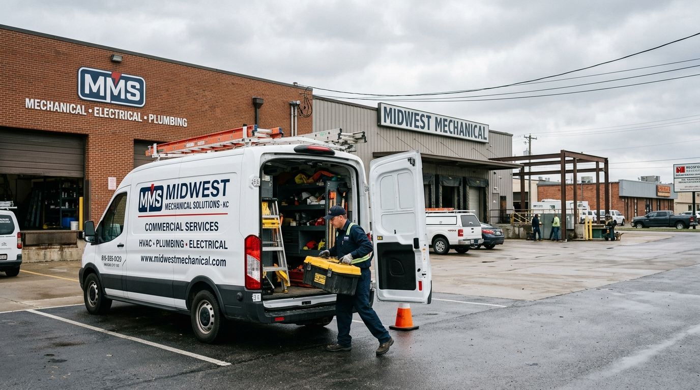A contractor's pickup truck parked at a job site in Kansas City with tools visible in the truck bed on a clear morning